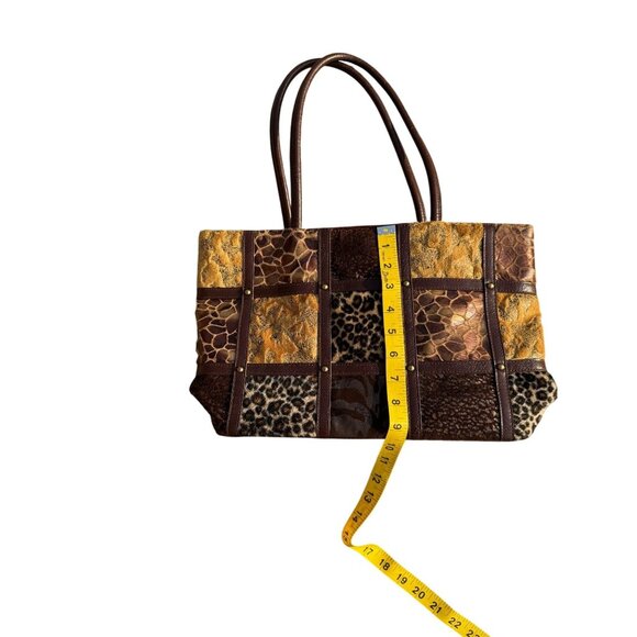 Animal Patchwork Tote Bag 14" X 9" Brown Vegan Leather By Bueno With Dual Straps - Picture 7 of 9